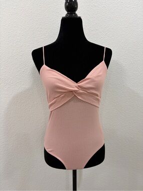 Blush Pink Twist-Front Ribbed Bodysuit